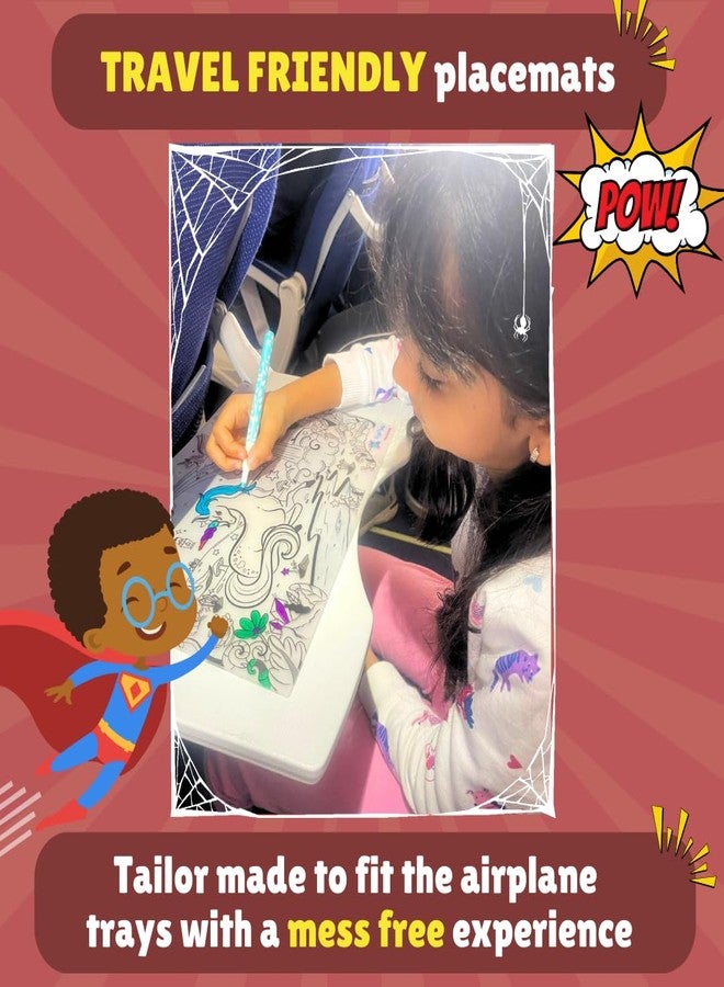 PepPlay Doodle Placemats - Superheroes and Monsters, 2 Coloring mats & 6 Quick Dry Smudge-Free Markers, Travelling Toys, No Mess Art Kit, Color and Wipe, Gifts for 3-7 Years - Image 3